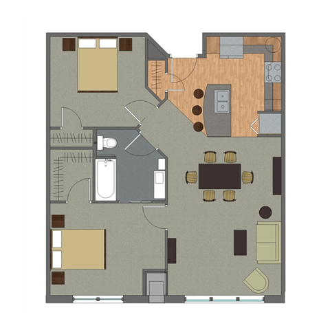 Floor plan for 2 beds, 1 bath, 890 sqft